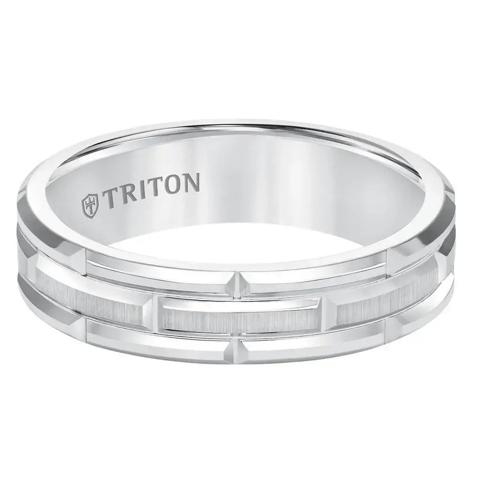 ARJAN White Tungsten Carbide Comfort Fit Band with Cut Brick Motif with Satin Center Finish by Triton Rings - 6mm - Larson Jewelers