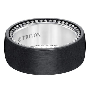 Rear angled view of domed black titanium and sterling silver comfort-fit band highlighting beaded interior edge