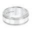Side perspective of the Triton white tungsten ring highlighting the polished center strip and textured coin edges