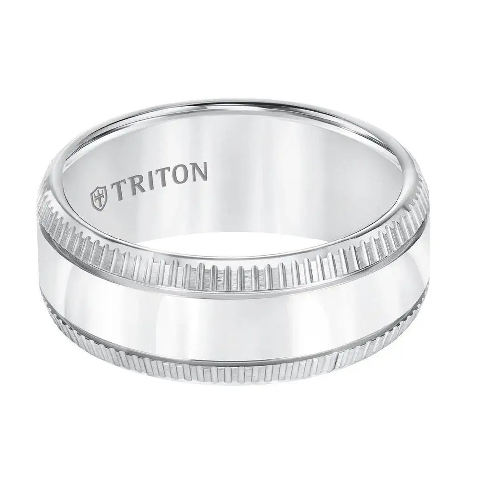 Side perspective of the Triton white tungsten ring highlighting the polished center strip and textured coin edges
