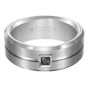 Sherman Beveled Grooved Brushed Finish White Tungsten Ring Black Diamond Square Bezel by Triton Rings - 9mm - Larson Jewelers