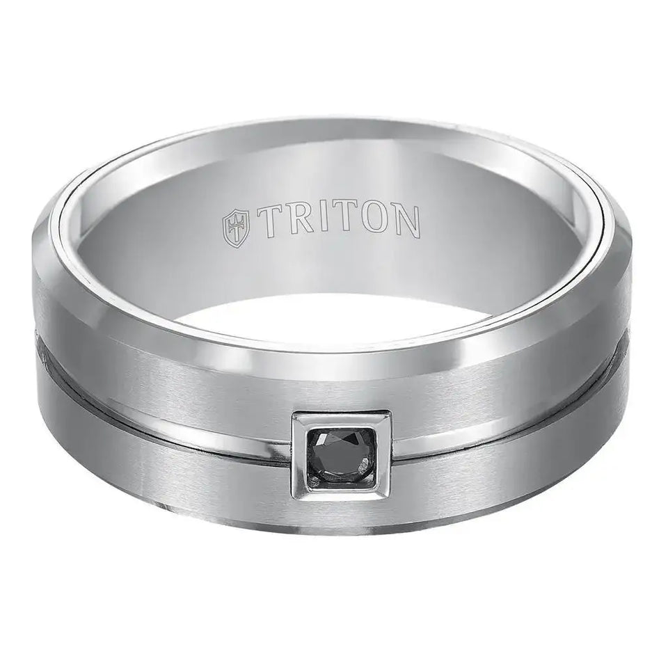 Sherman Beveled Grooved Brushed Finish White Tungsten Ring Black Diamond Square Bezel by Triton Rings - 9mm - Larson Jewelers