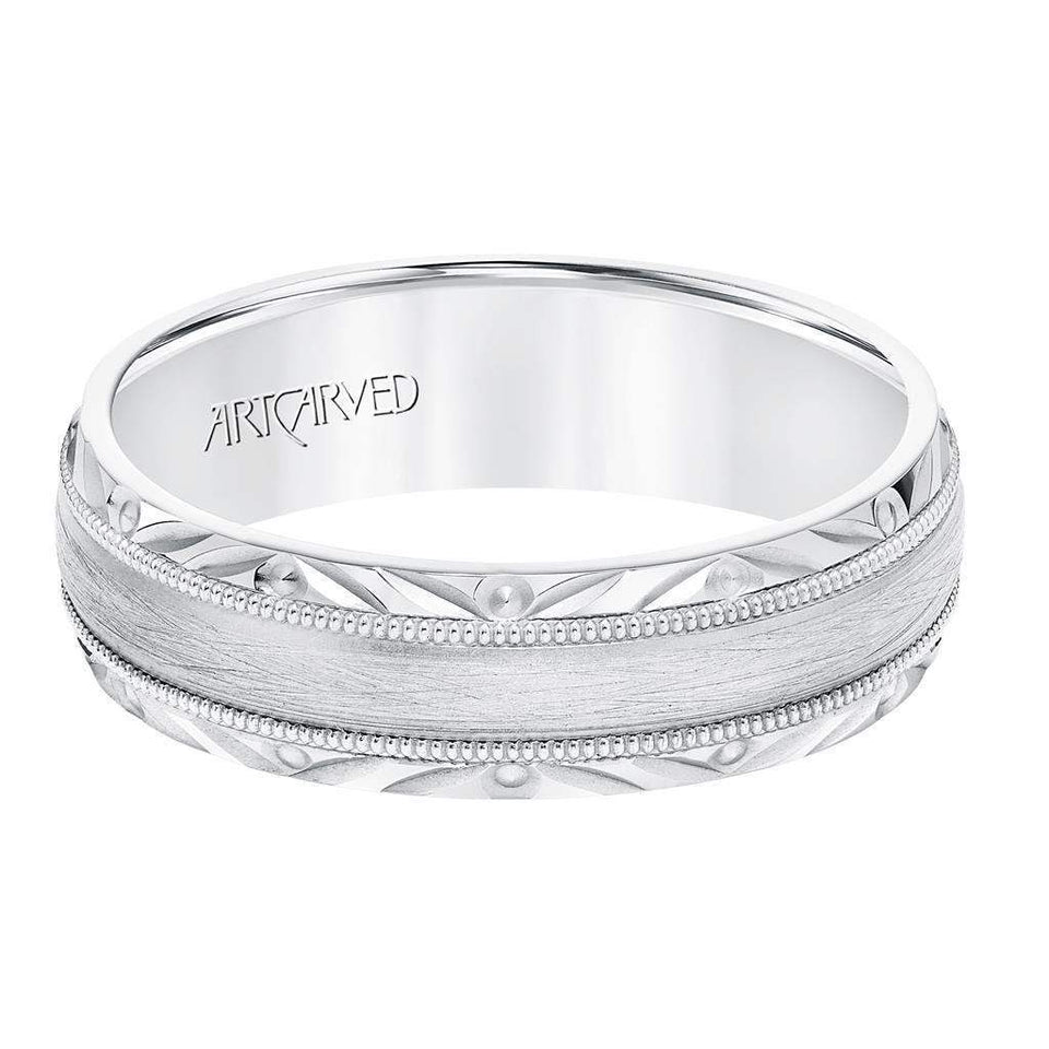 14k White Gold Wedding Band Wire Brushed Finish Center with Milgrain Accents Beveled Edges- 6.5 mm - Larson Jewelers