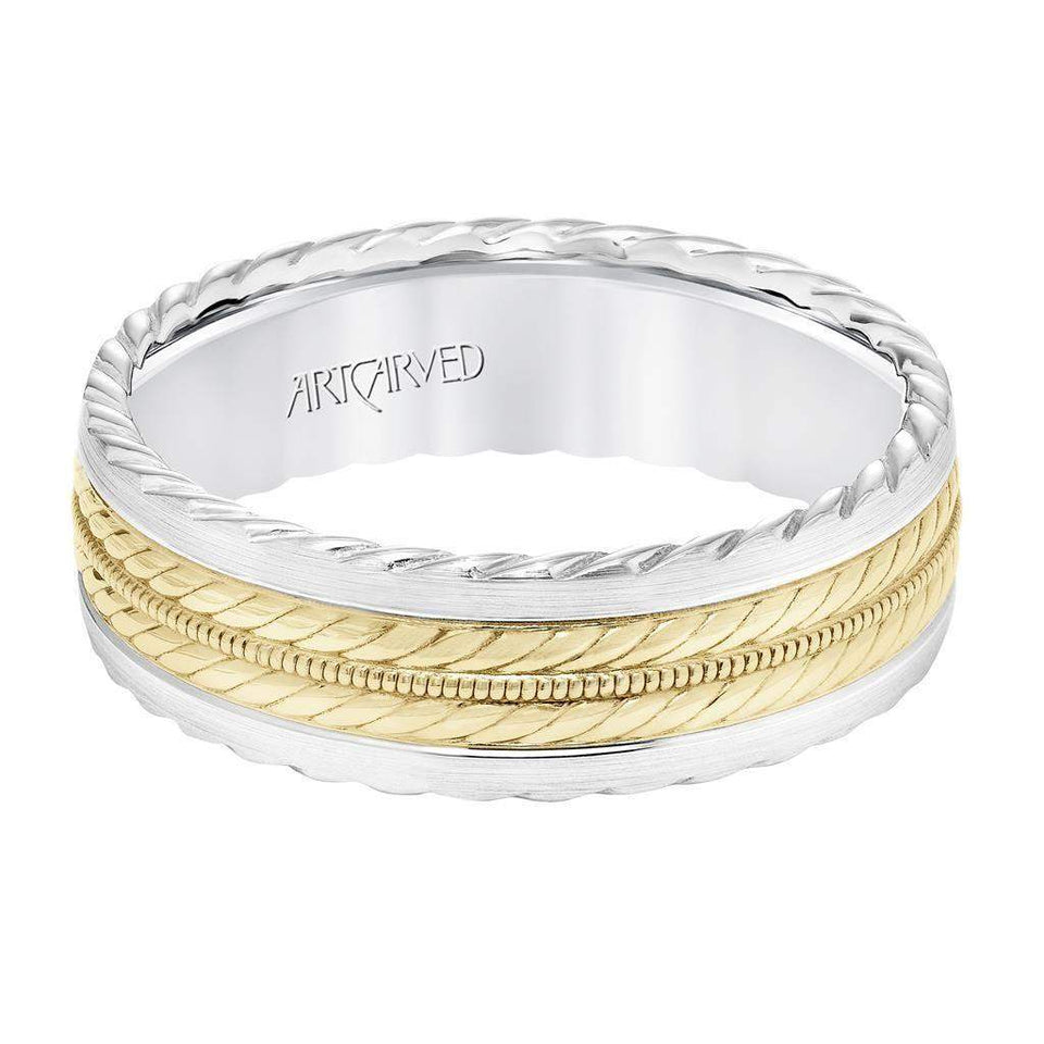 14k Two Toned White Gold with Yellow Gold Center Wedding Band Domed Rope and Milgrain Inlay Design Rope Edges- 7 mm - Larson Jewelers