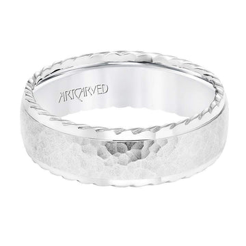 14k White Gold Wedding Band Domed Hammered Finish Center with Rope Edges - 7 mm - Larson Jewelers