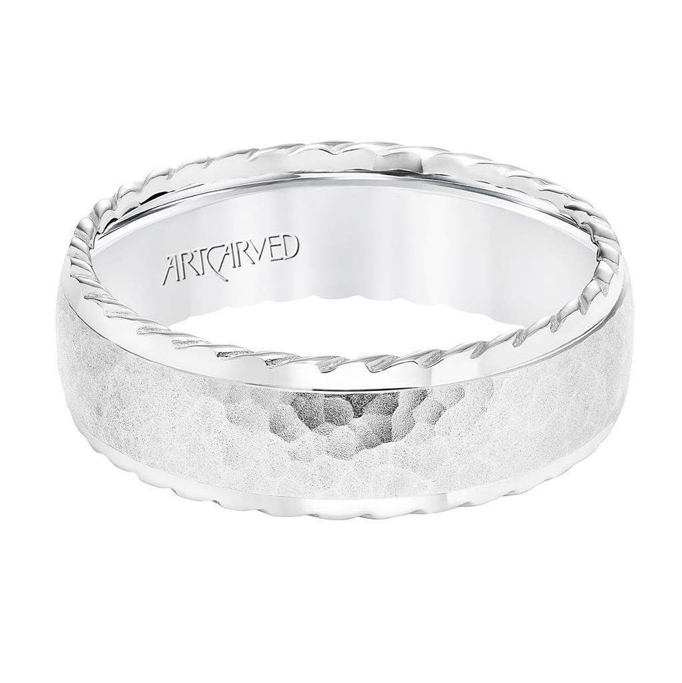 14k White Gold Wedding Band Domed Hammered Finish Center with Rope Edges - 7 mm - Larson Jewelers