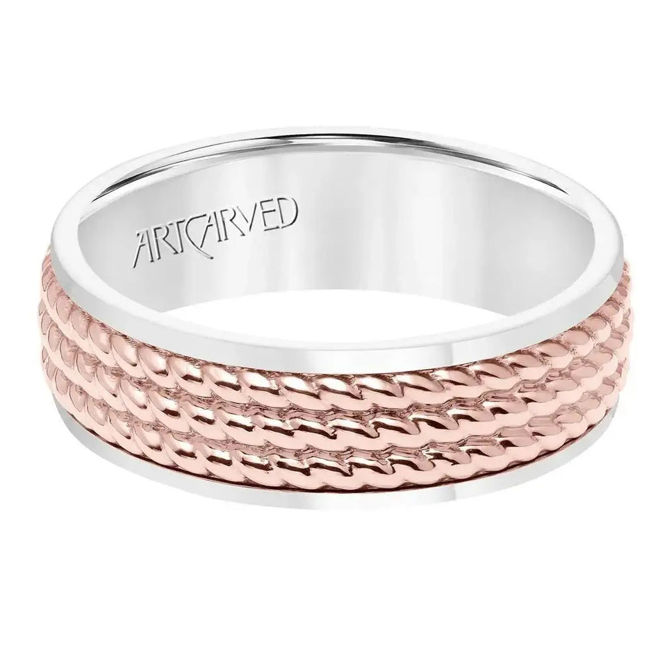 14k Two Toned White Gold with Rose Gold Center Wedding Band Domed Polished Finish Triple Rope Inlay Design Flat Edges- 7 mm - Larson Jewelers