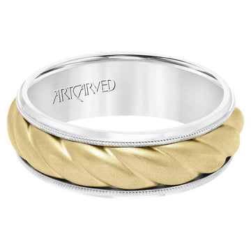 14k Two Toned White Gold with Yellow Gold Center Wedding Band Domed Rope Inlay Design Soft Sand Finish Milgrain Edges- 7 mm - Larson Jewelers