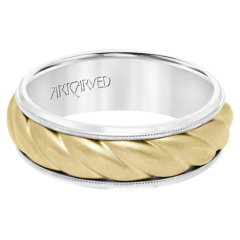 14k Two Toned White Gold with Yellow Gold Center Wedding Band Domed Rope Inlay Design Soft Sand Finish Milgrain Edges- 7 mm - Larson Jewelers