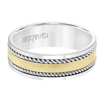 14k Two Toned White Gold with Yellow Gold Center Wedding Band Flat Dual Rope Center Design Satin Finish Polished Edges- 7 mm - Larson Jewelers
