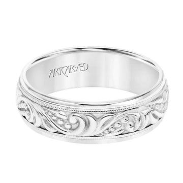 14k White Gold Wedding Band Domed Center High Polished Paisley Design and Milgrain Detail Round Edges- 7 mm - Larson Jewelers