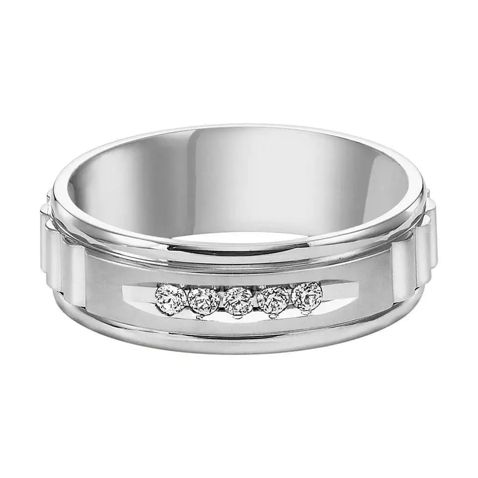 14k White Gold Wedding Band Engraved Textured Finish Center White Diamonds Rolled Edges- 7 mm - Larson Jewelers