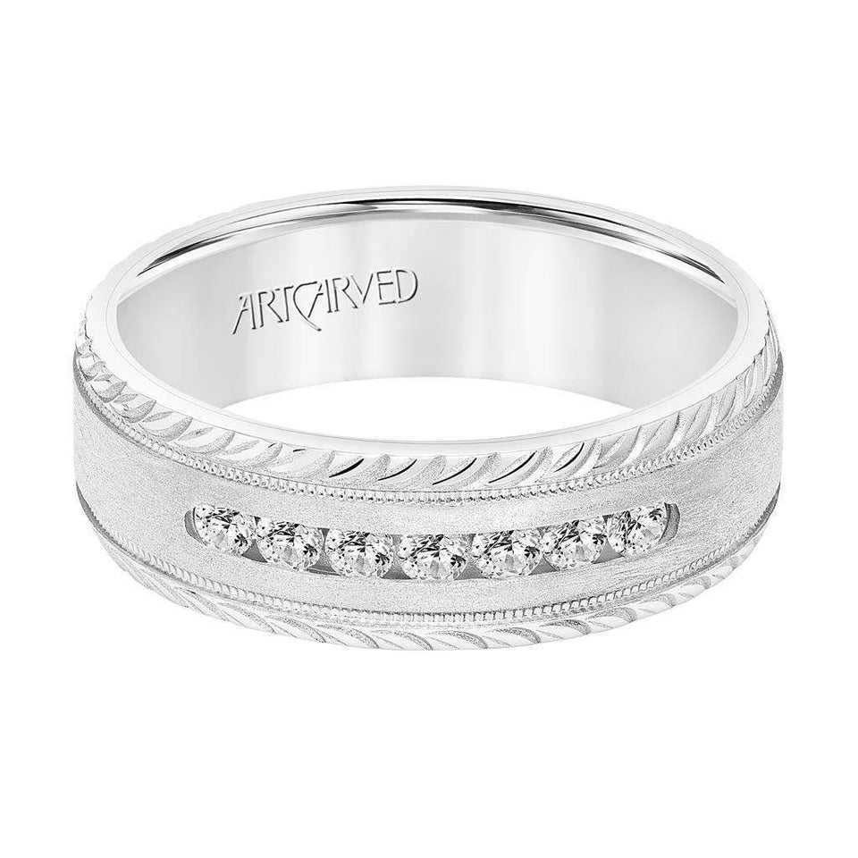 14k White Gold Wedding Band Flat Crystalline Finish Center Channel Set Diamonds Milgrain and Leaf Design Beveled Edges - 7 mm - Larson Jewelers