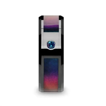 KLEIN Black Ceramic Ring with Blue & Purple Color Changing Inlay and Alexandrite Setting - 8mm - Larson Jewelers