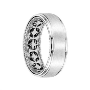 14k White Gold Wedding Band Diamond Pattern Rope Edge Inner Design Domed Brushed Finish Round Edges By Artcarved - 7mm - Larson Jewelers