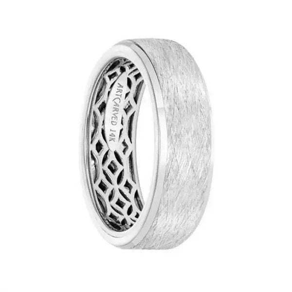 14k White Gold Wedding Band Geometric Inner Design Flat Wire Finish Beveled Edges by Artcarved - 7 mm - Larson Jewelers