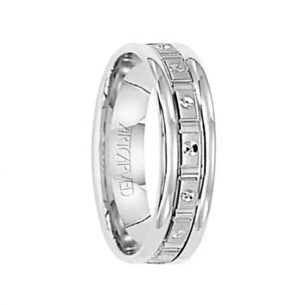CLASS ACT 14k White Gold Wedding Band with Geometric Brushed Finish Center Rolled Edges by Artcarved - 5.5 mm - Larson Jewelers