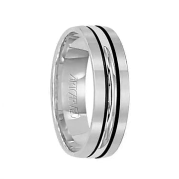 CASTLE 14k White Gold Wedding Band with Modern Black Linear Center Brushed Finish Rolled Edges by Artcarved - 6 mm - Larson Jewelers