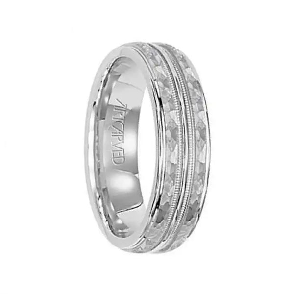 ABINGTON 14k White Gold Wedding Flat Band with Hammered Milgrain Finish Center by Artcarved - 6 mm - Larson Jewelers