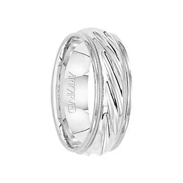 WONDEROUS 14k White Gold Wedding Band Flat Ridged Diagonal Center Design Milgrain Rolled Edges by Artcarved - 7mm - Larson Jewelers