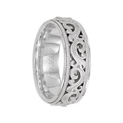 SOVEREIGN 14k White Gold Wedding Band Engraved Scroll Design Brushed Finish with Milgrain Flat Edges by Artcarved - 7.5 mm - Larson Jewelers