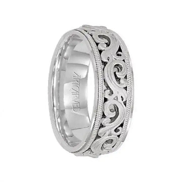 SOVEREIGN 14k White Gold Wedding Band Engraved Scroll Design Brushed Finish with Milgrain Flat Edges by Artcarved - 7.5 mm - Larson Jewelers