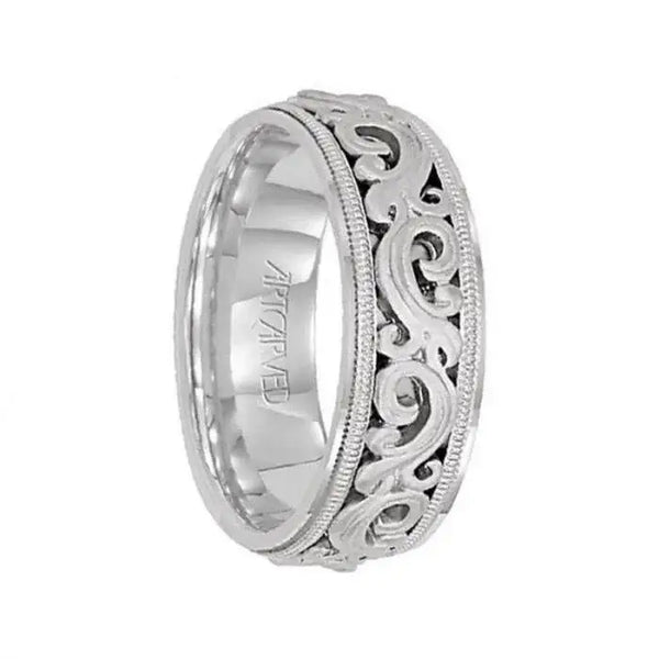 SOVEREIGN 14k White Gold Wedding Band Engraved Scroll Design Brushed Finish with Milgrain Flat Edges by Artcarved - 7.5 mm - Larson Jewelers