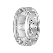 WAVES 14k White Gold Wedding Band Engraved Center Design Brushed Finish with Rope Detail Rolled Edges by Artcarved - 7 mm - Larson Jewelers
