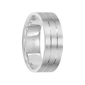 LOVE LIGHT 14k White Gold Wedding Band Dual Linear Grooved Center Brushed Finish Flat Edges by Artcarved - 7 mm - Larson Jewelers