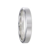 ELLIOT 14k white gold wedding band with satin brushed center and beveled coin edges, angled view