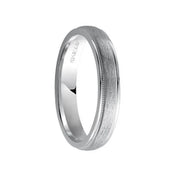 14k white gold wedding band with crystalline brushed center and milgrain rolled edges, view at slight angle