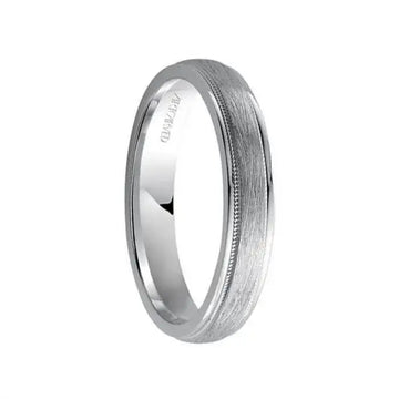 14k white gold wedding band with crystalline brushed center and milgrain rolled edges, view at slight angle