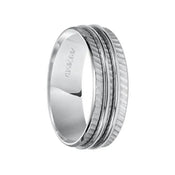 LUCAS 14k White Gold Wedding Band Flat Diagonal Pattern with Dual Center Ridges Design Brushed Finish- 7 mm - Larson Jewelers