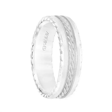 14k White Gold Wedding Band Flat Milgrain Center Design Sandblasted Finish with Rope Beveled Edges- 6.5 mm - Larson Jewelers