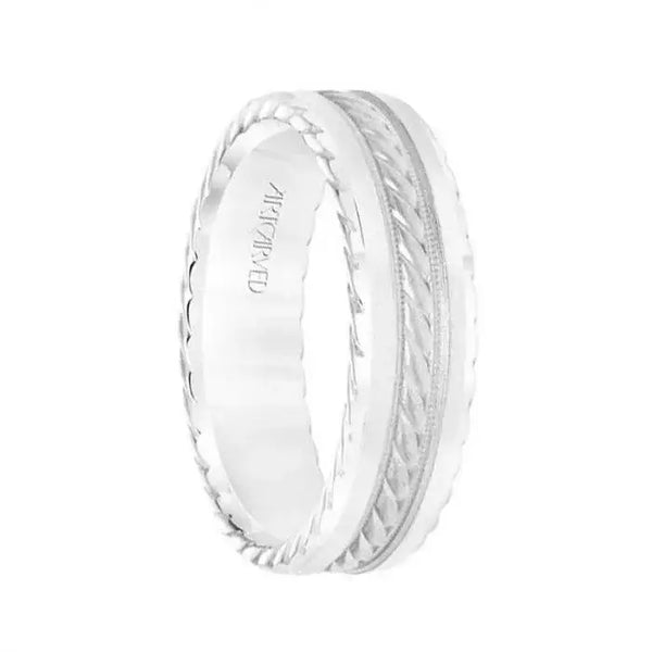14k White Gold Wedding Band Flat Milgrain Center Design Sandblasted Finish with Rope Beveled Edges- 6.5 mm - Larson Jewelers