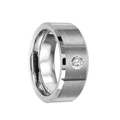 VERGINIUS Brushed & Grooved Tungsten Wedding Ring with White Diamond & Beveled Edges - 8mm - Larson Jewelers