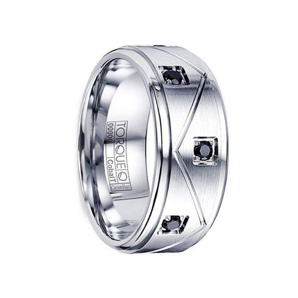 ARTHUR Satin Grooved Cobalt Ring with Sapphire Accents Polished Step Edges - 9mm - Larson Jewelers