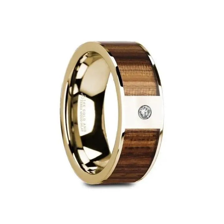 GAEA Flat 14K Yellow Gold with Zebra Wood Inlay & White Diamond Setting - 8mm - Larson Jewelers