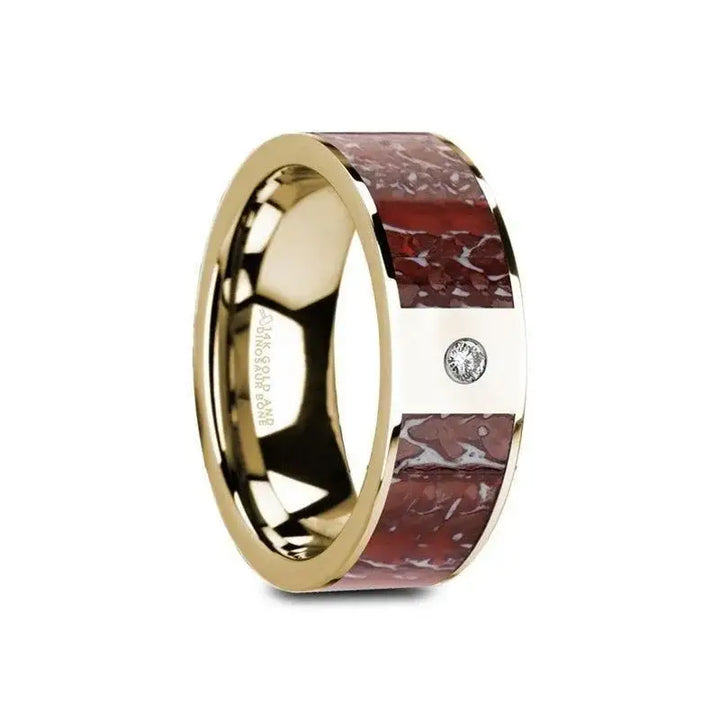 GAIA Flat 14K Yellow Gold with Red Dinosaur Bone Inlay & White Diamond Setting - 8mm - Larson Jewelers