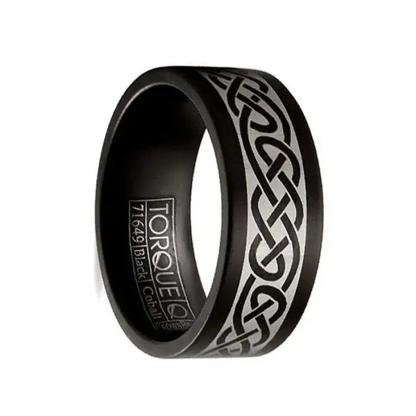 Matte Finish Torque Black Cobalt Men’s Wedding Band with Center Laser Celtic Design - 9 mm - Larson Jewelers