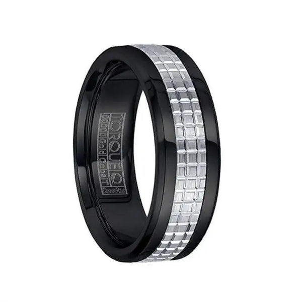 Grooved 14k White Gold Inlaid Polished Black Cobalt Men’s Ring - 7.5mm - Larson Jewelers