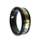 14k Yellow Gold Inlaid Black Cobalt Men’s Wedding Ring with Dual Grooves - 7.5mm - Larson Jewelers