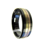 Black Cobalt Ring with Brushed 14k Yellow-Rose Gold Grooved Center - 7.5mm - Larson Jewelers