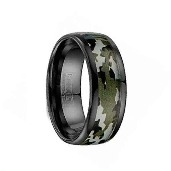 Black Ceramic Wedding Band Camo Pattern Inlay with Polished Edges - 8mm - Larson Jewelers