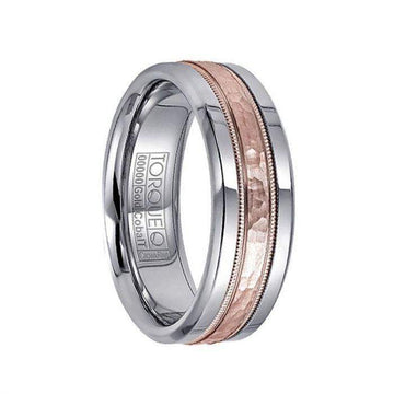 Hammered 14k Rose Gold Milgran Inlaid White Cobalt Men’s Ring - 7.5mm - Larson Jewelers