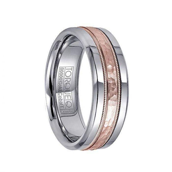 Hammered 14k Rose Gold Milgran Inlaid White Cobalt Men’s Ring - 7.5mm - Larson Jewelers