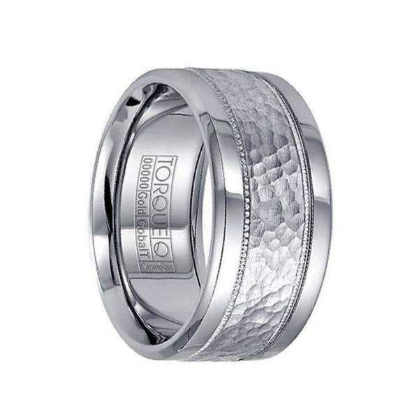 Polished Cobalt Wedding Ring with 14k White Gold Milgrain Hammered Inlay - 10.5mm - Larson Jewelers