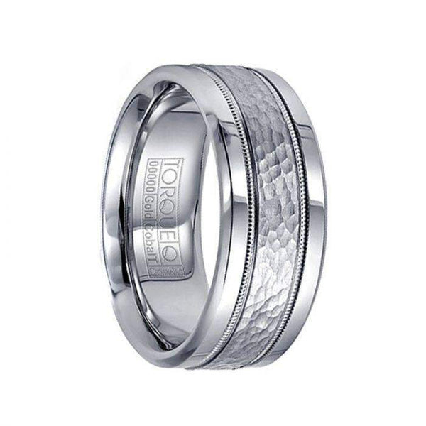 Men’s Cobalt Hammered 14k White Gold Inlay & Milgrain Wedding Band - 9mm - Larson Jewelers