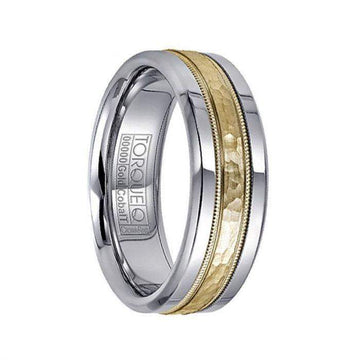 Hammered 14k Yellow Gold Inlaid Milgrain White Cobalt Men’s Wedding Band - 7.5mm - Larson Jewelers