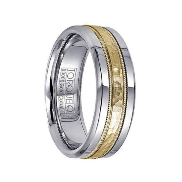 Hammered 14k Yellow Gold Inlaid Milgrain White Cobalt Men’s Wedding Band - 7.5mm - Larson Jewelers